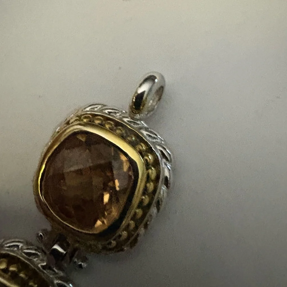 VTG Sterling Silver 925 2 Toned CZ Citrine Chunky Tennis Bracelet 7" Stunning - Picture 5 of 12